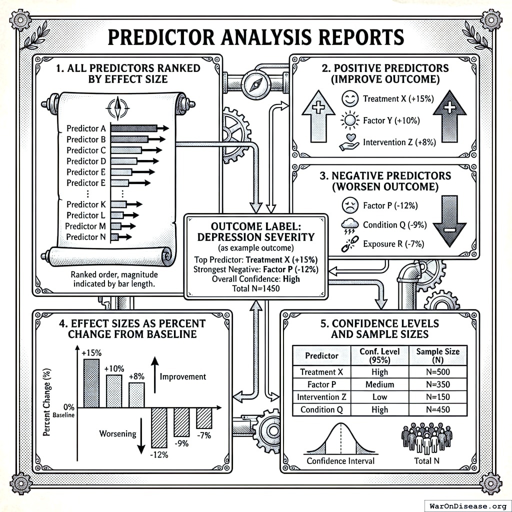 Everything that makes your disease better or worse, ranked from most helpful to most harmful. Like a scoreboard for your organs.